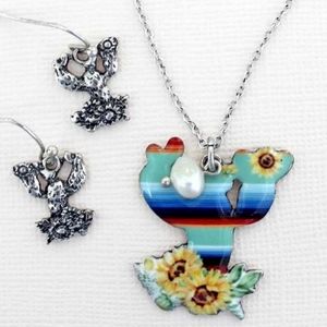 Serape sunflower Desert Cactus Free spirit boho Hippie people necklace set
